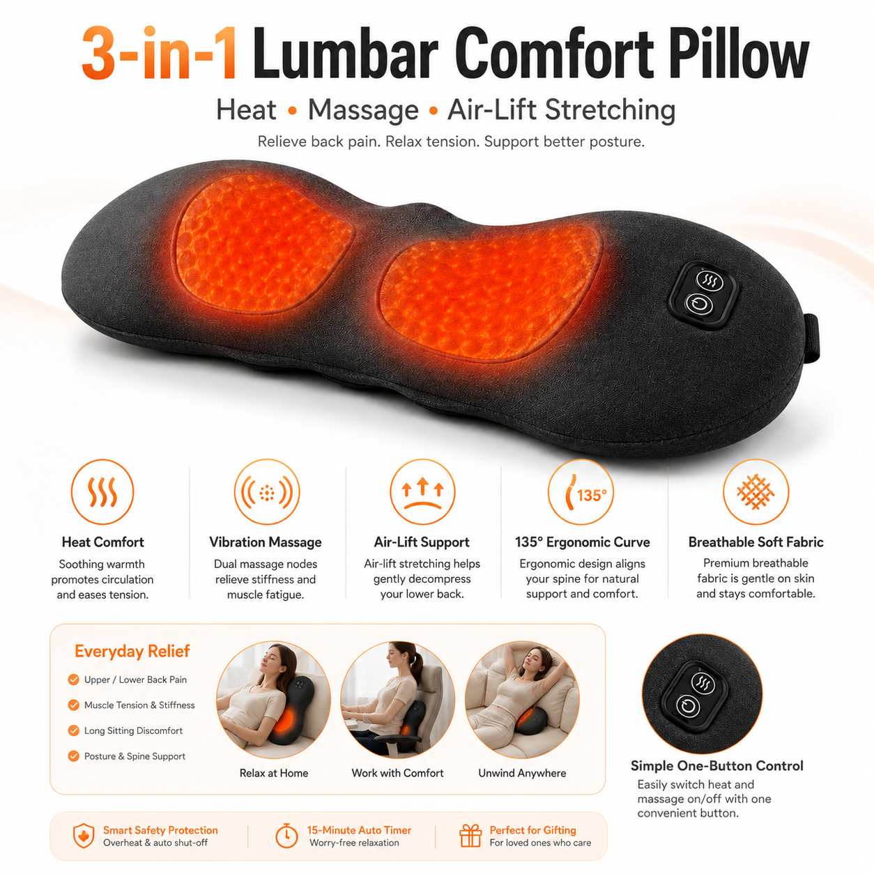 LumaRelief Pro™ 3-in-1 Electric Lumbar Support