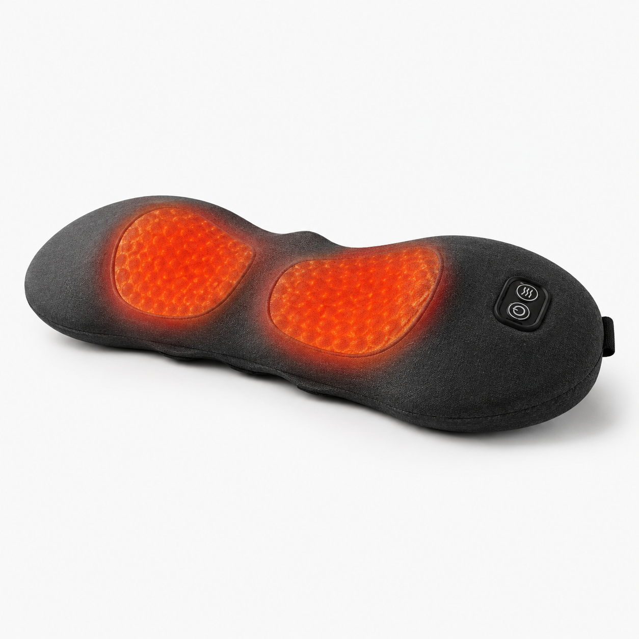 A black heated lumbar pillow with two glowing orange massage zones and a power button, shown on a light gray background.