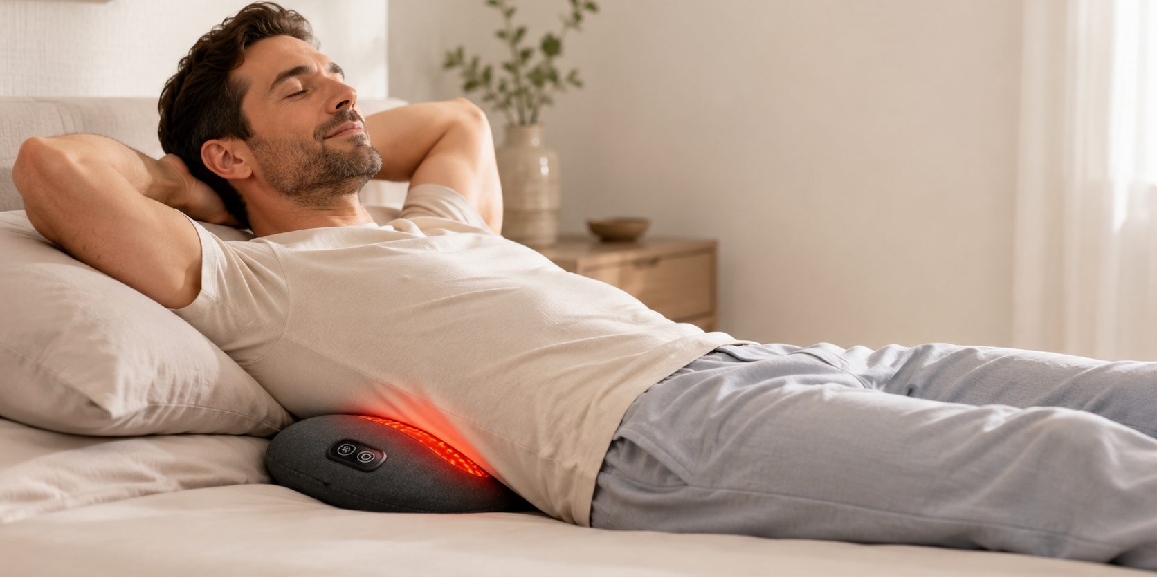 A man relaxes on a bed with his head resting on pillows, using a dark gray lumbar massage pillow that glows with red heat around his lower back. The bedroom has a neutral, warm color palette with beige walls and a wooden side table in the background.