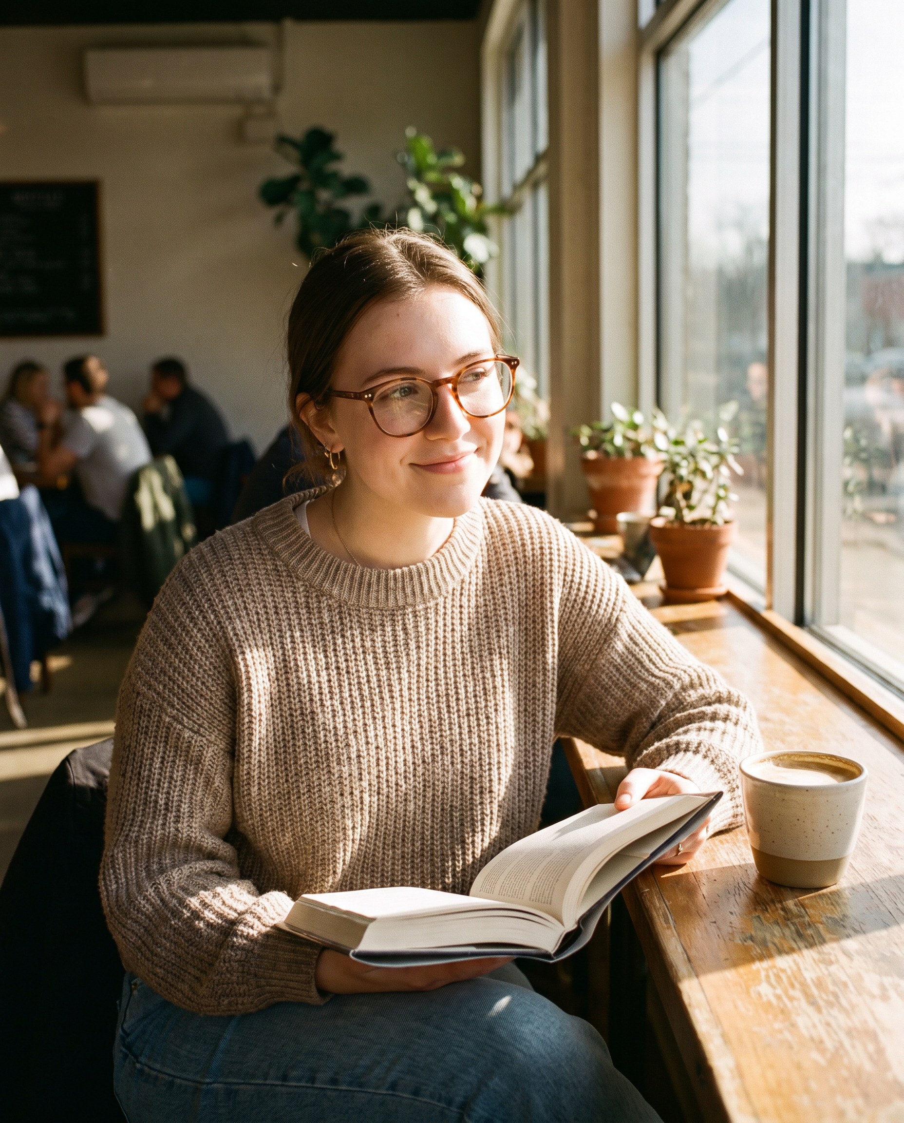 Woman wearing Lumibare Everyday Frames in a sunlit cafe