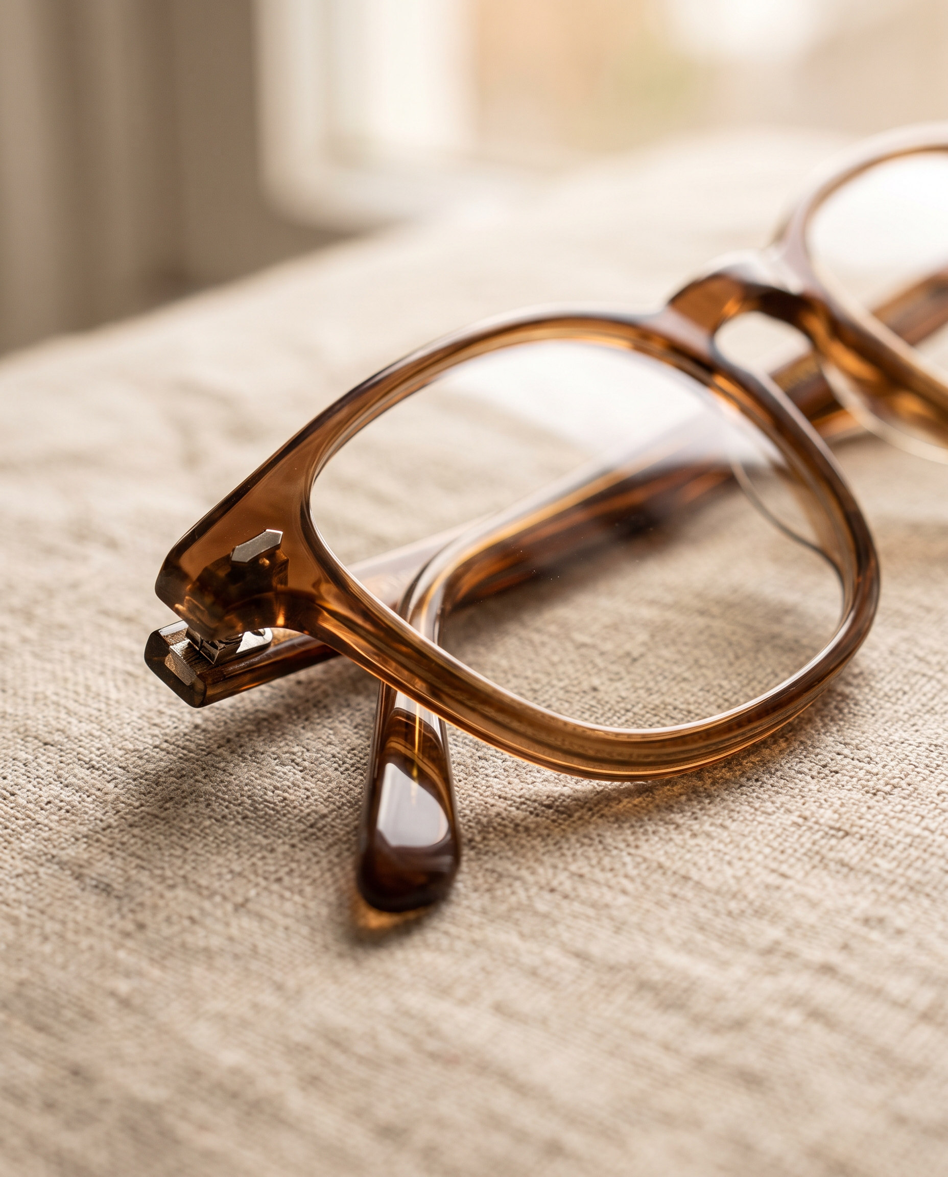 Macro detail of Lumibare Everyday Frames hinge and temple