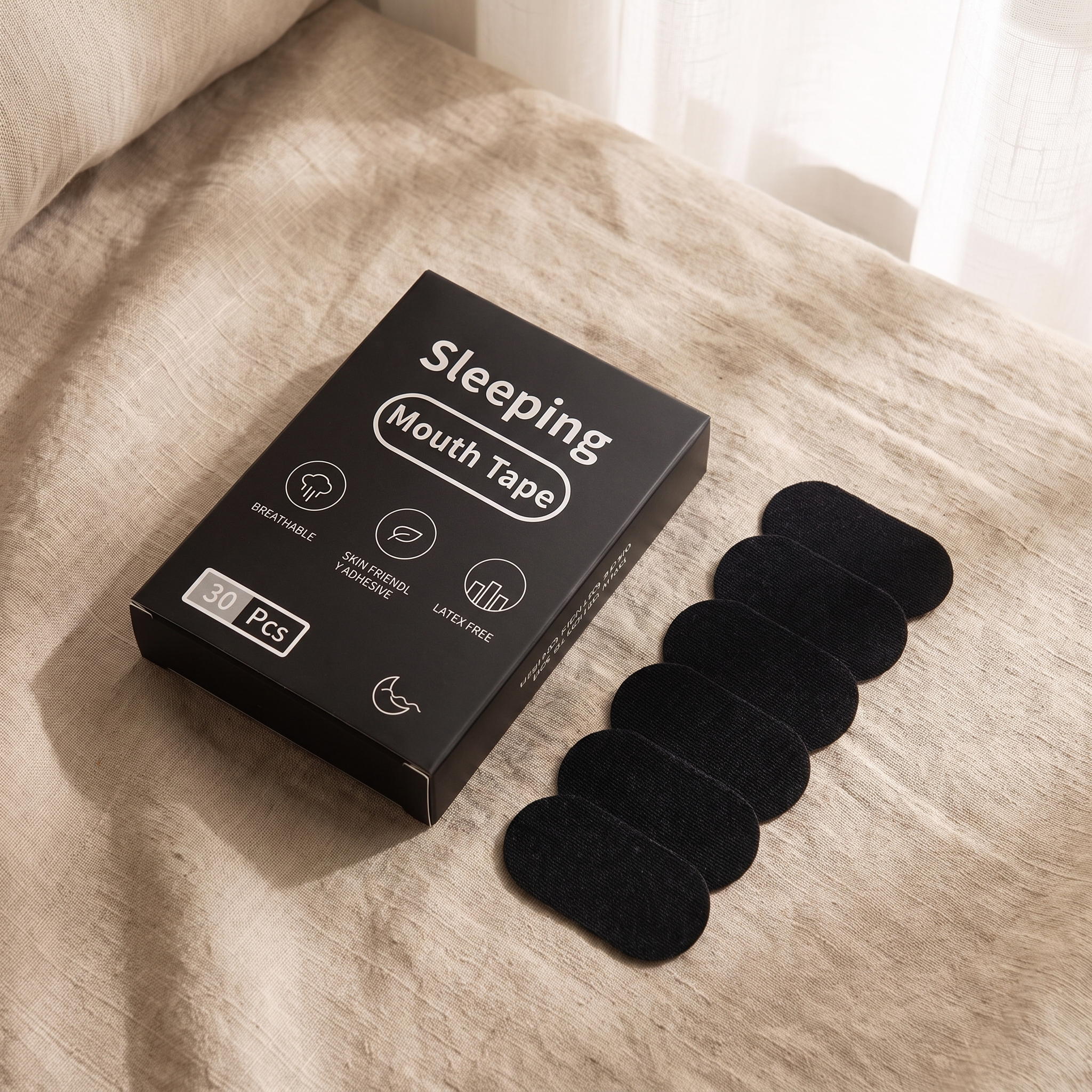 Rouzu Sleep Tape strips in a row beside the box on linen